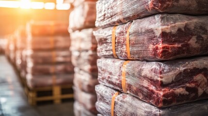 Fototapeta premium Stacked meat packages in a warehouse during sunset, showcasing storage and distribution
