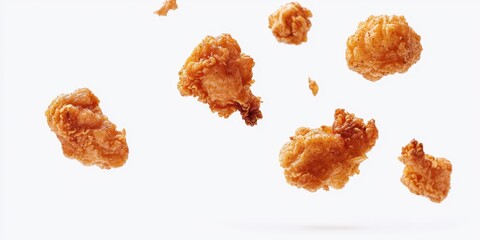 Crispy tempura-style fried chicken mid-air on a bright white backdrop