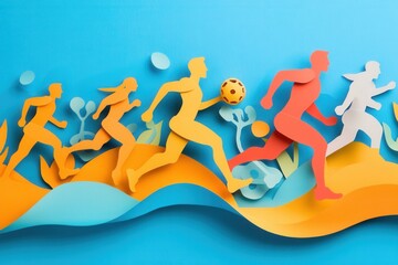Energetic paper cutout illustration featuring dynamic running figures and gym equipment showcasing active movement in a vibrant sports setting