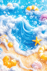 Beach scene with waves, bubbles, seashells and floaties under a clear blue sky