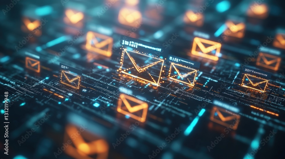 Poster a computer screen illuminated with a bright glowing email icon signifying digital communication and 