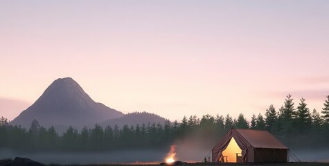 Obraz premium Tranquil Camping Scene with Tent and Campfire at Dusk