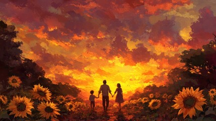 Family strolls through sunflower field at sunset