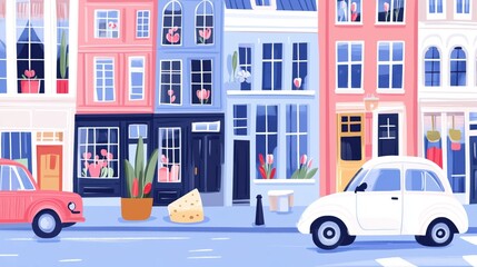 Obraz premium Vibrant buildings adorned with flowers brighten a quaint street while a classic car is parked beside a playful cheese display on a sunny day