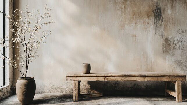 A serene interior mockup showcasing warm, neutral tones in a wabi-sabi style.