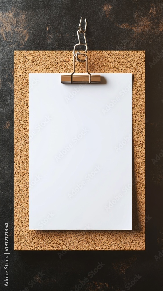 Poster a clean, white sheet waits on a cork board, held securely by a sleek clip. its emptiness sparks thou