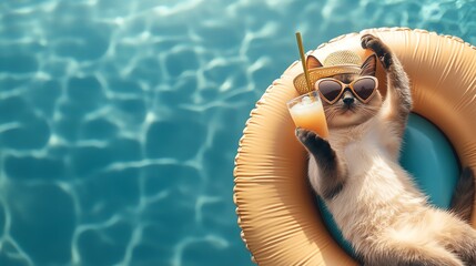 Billionaire dream lifestyle with a rich cool pet-influencer, luxury rich cool pet-influencer living the billionaire dream lifestyle. Cat relaxing in pool with sunglasses and drink.