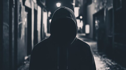 Obraz premium Grainy Black-and-White CCTV Frame of Hooded Figure in Dark Alley at Night