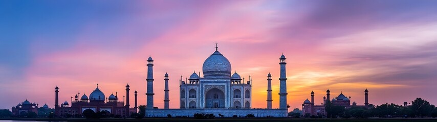 Naklejka premium Majestic domed mosque silhouetted against a colorful dramatic sunset skyline in a historic Middle Eastern city The ornate