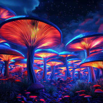 Glowing, bioluminescent mushrooms in a vibrant, surreal forest at night