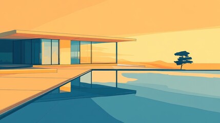 Fototapeta premium Modern House Pool Sunset View