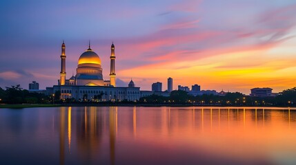 Obraz premium Majestic sunset over the illuminated domes and minarets of a grand mosque reflected in the serene waters of a tranquil lake The vibrant colors of the sky create a mesmerizing and ethereal atmosphere