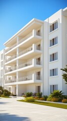 Fototapeta premium White multi story building with balconies, surrounded by landscaping, under a bright sunny sky. Clean lines and modern architecture.