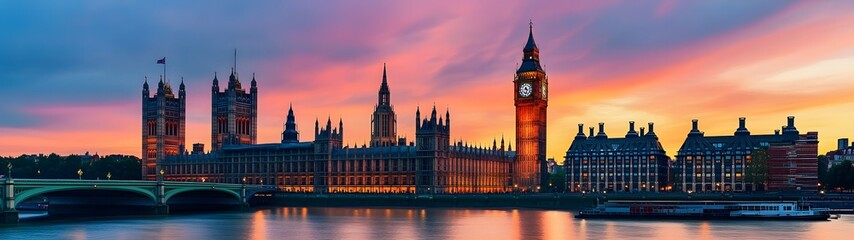 Fototapeta premium Majestic sunset scenery with dramatic sky over the iconic Parliament building and Big Ben clock tower in the heart of London United Kingdom