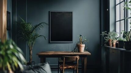 Empty frame on teal wall, plants, wooden table, use for mockups