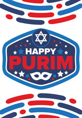 Fototapeta premium Purim. Happy Purim. Traditional Jewish religious holiday. Star of David, Carnival mask. Israel history. Сelebrated by a masquerade and festival. Poster art. Vector illustration