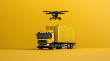 Fototapeta premium Yellow Truck and Drone for Logistics and Delivery Services