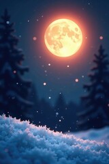 Fototapeta premium Snowflakes gently fall under a glowing full moon, serene, snow, peaceful