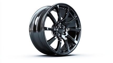A shiny black car wheel, isolated on a white background, highlighting its sleek and polished surface.