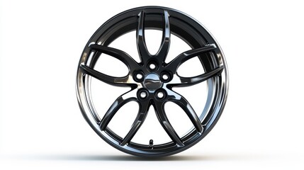 Obraz premium A shiny black car wheel, isolated on a white background, highlighting its sleek and polished surface.