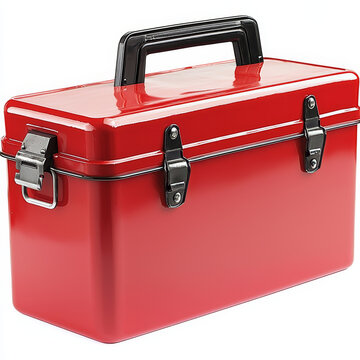 Red metal carrying case with black handle and clasps