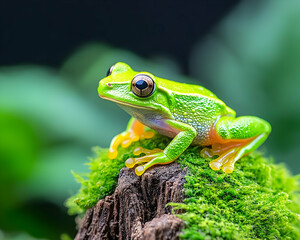 Obraz premium Bright green frog perched on mossy stump, detailed eyes