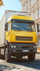 Yellow semi truck on city street, daytime. Bright sunlight, shadows visible.  Building in background.