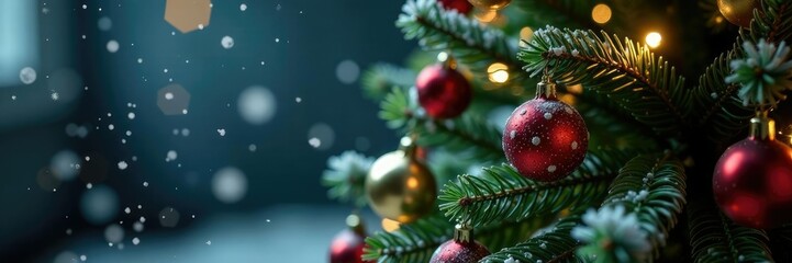 Fototapeta premium Snowflakes gently falling on a decorated Christmas tree, tree, decorations, christmas tree
