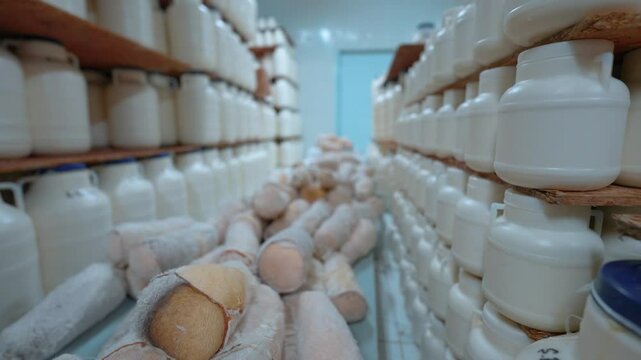 A close-up view of moldy aged cheese in a dairy storage facility, showcasing the natural fermentation process used in traditional cheesemaking.This aging method enhances flavor cheese quality.
