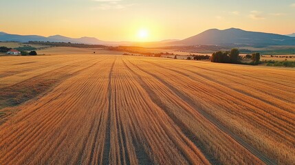 Fototapeta premium Golden Wheat Fields Under a Vibrant Sunset with Rolling Hills in the Background, Showcasing Nature's Beauty and Agricultural Abundance in Rural Landscape