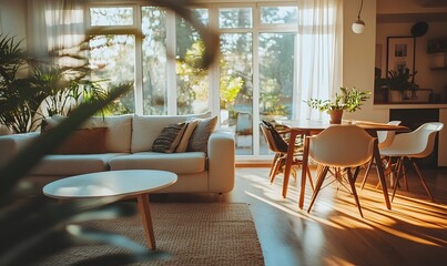 Fototapeta premium Sunlit modern interior living space with sofa and dining area capturing warm light
