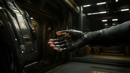 Obraz premium Futuristic Hand Reaching in Spaceship Corridor