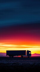 Fototapeta premium Truck Silhouette Against Vibrant Sunset Sky in Remote Landscape