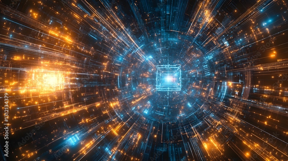 Poster Mesmerizing Cosmic Vortex of Luminous Digital Energy Bursting Through a Futuristic Dimensional Tunnel  Abstract dynamic and visualization of a powerful force of nature technology and the universe