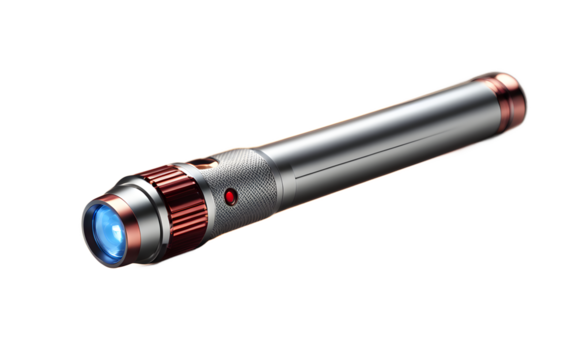 A laser pointer with a sleek metallic body, isolated on a empty plain background