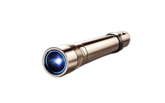 A laser pointer with a sleek metallic body, isolated on a empty plain background
