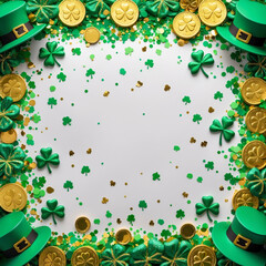 Decorative St. Patrick’s Day frame with green glittery shamrocks, gold coins, a leprechaun hat, and confetti on a white background, ideal for placing custom text