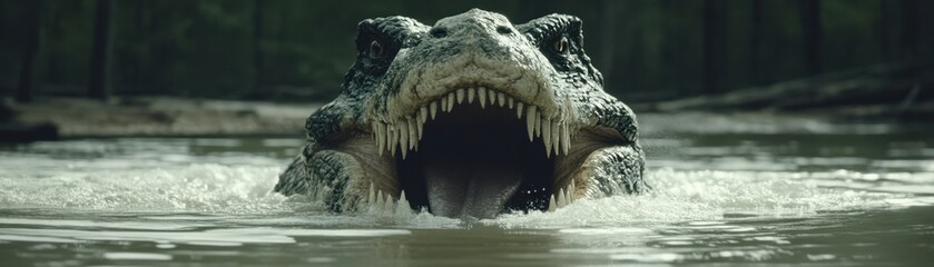 Fototapeta premium Close up of a large reptile's head emerging from murky water, its mouth open wide, showing sharp teeth. The background is a dark, blurred forest.