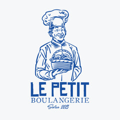 A charming vintage-style illustration of a baker holding a tray of fresh bread, drawn in an engraving style. Perfect for bakery branding, café logos, and artisan bread packaging.