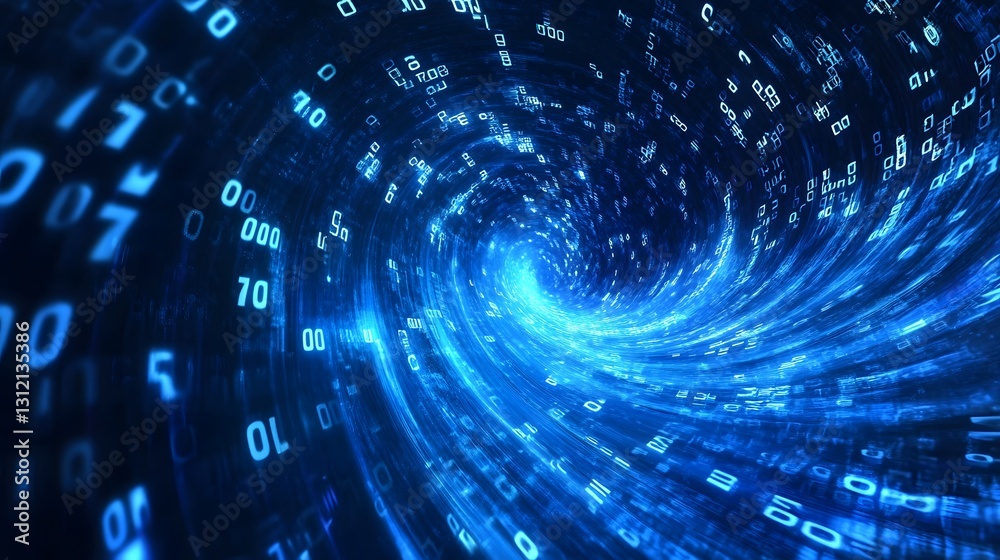 Poster Mesmerizing Digital Vortex A Hypnotic Tunnel of Interconnected Data Flows  Abstract and futuristic image showcasing a swirling spiral portal of illuminated digital patterns lights and binary code