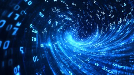 Mesmerizing Digital Vortex A Hypnotic Tunnel of Interconnected Data Flows  Abstract and futuristic image showcasing a swirling spiral portal of illuminated digital patterns lights and binary code