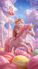 Fototapeta premium Magical Cat on Unicorn in Colorful Candy Wonderland Scene