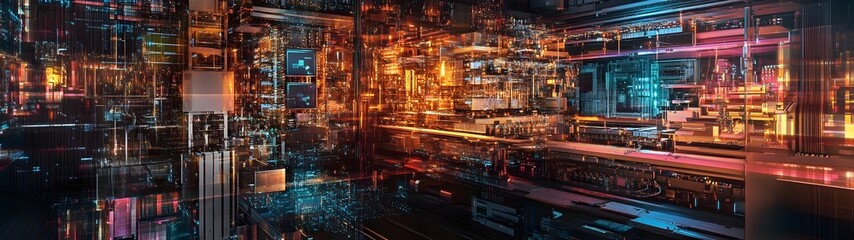 Mesmerizing futuristic cityscape with a vibrant display of neon lights towering skyscrapers and a dynamic urban infrastructure