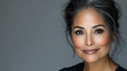 Fototapeta premium Confident mature Asian woman with radiant smile and elegant makeup against gray background, wearing black top. Natural beauty portrait showcasing graceful aging.