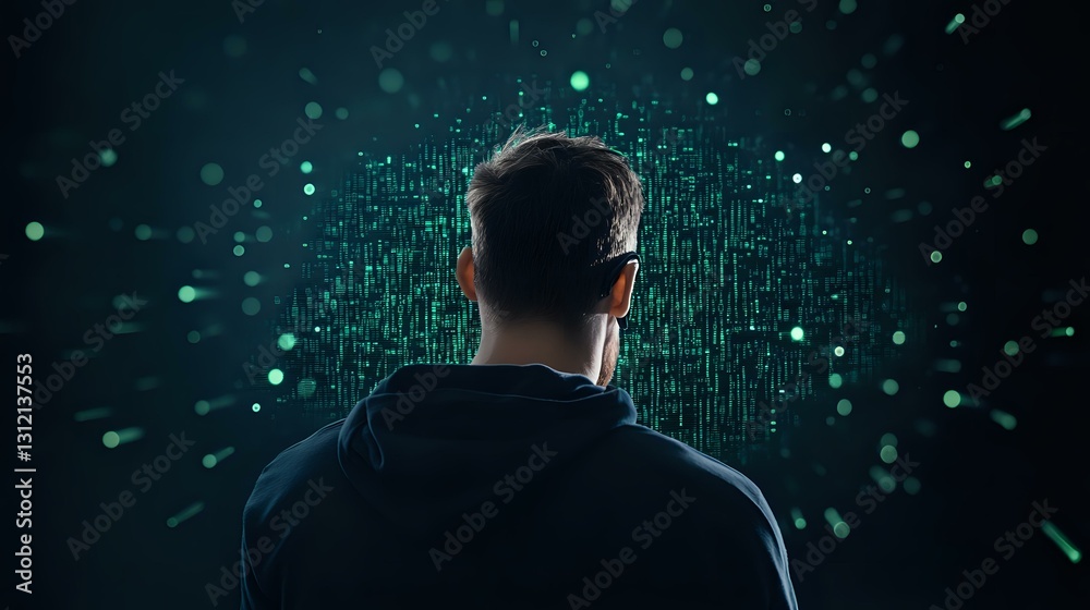 Poster man looking at glowing digital matrix code pattern on dark background, representing cybersecurity, a