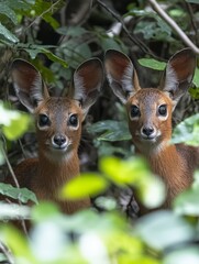 Obraz premium Two reddish brown young deer peek from lush green foliage. Their large ears and dark eyes are prominent. Soft natural light illuminates the scene.