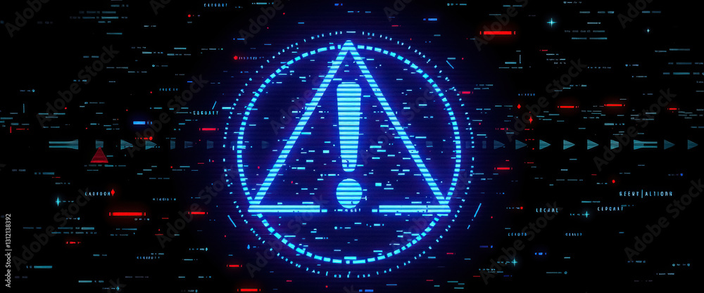 Poster glowing futuristic warning sign with triangle and exclamation point encircled in blue field