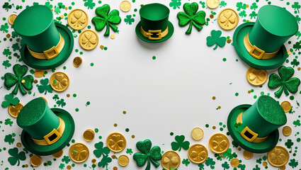A festive St. Patrick’s Day border featuring glittery green shamrocks, gold coins, a leprechaun hat, and confetti on a white background, perfect for adding text