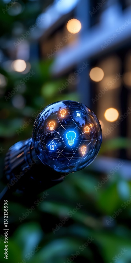 Poster Glowing lightbulb icons connected in network pattern on reflective sphere surface with bokeh background, representing innovative technology and connectivity.