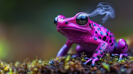 Obraz premium Vibrant pink poison dart frog with blue spots exhaling smoke while resting on moss, artistic nature photography with dreamy bokeh background and mystical atmosphere.